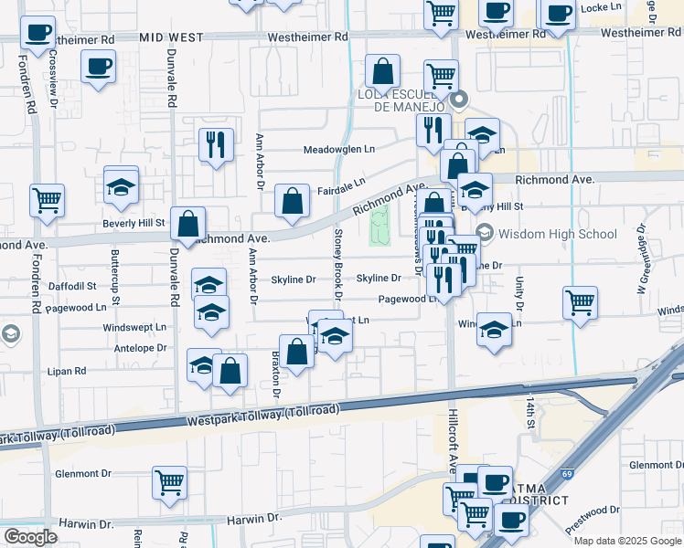 map of restaurants, bars, coffee shops, grocery stores, and more near 7730 Meadowvale Drive in Houston
