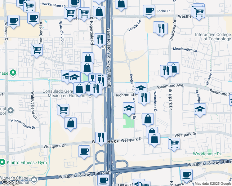 map of restaurants, bars, coffee shops, grocery stores, and more near 3251 West Sam Houston Parkway South in Houston