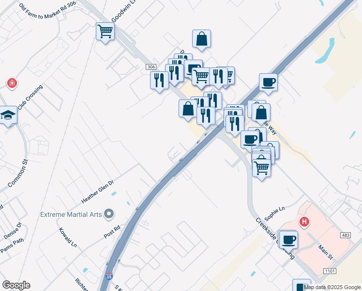 map of restaurants, bars, coffee shops, grocery stores, and more near 2157 Interstate 35 in New Braunfels