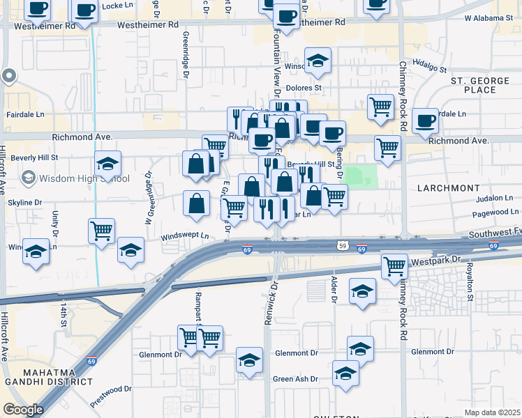 map of restaurants, bars, coffee shops, grocery stores, and more near 6000-6038 Skyline Drive in Houston