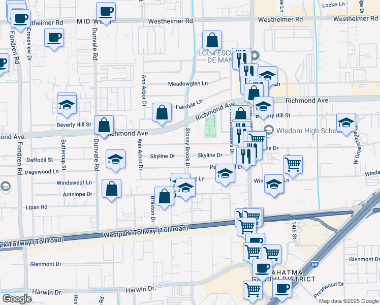 map of restaurants, bars, coffee shops, grocery stores, and more near 7730 Meadowvale Drive in Houston