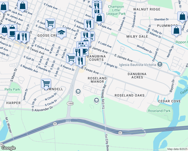 map of restaurants, bars, coffee shops, grocery stores, and more near 1006 East Texas Avenue in Baytown