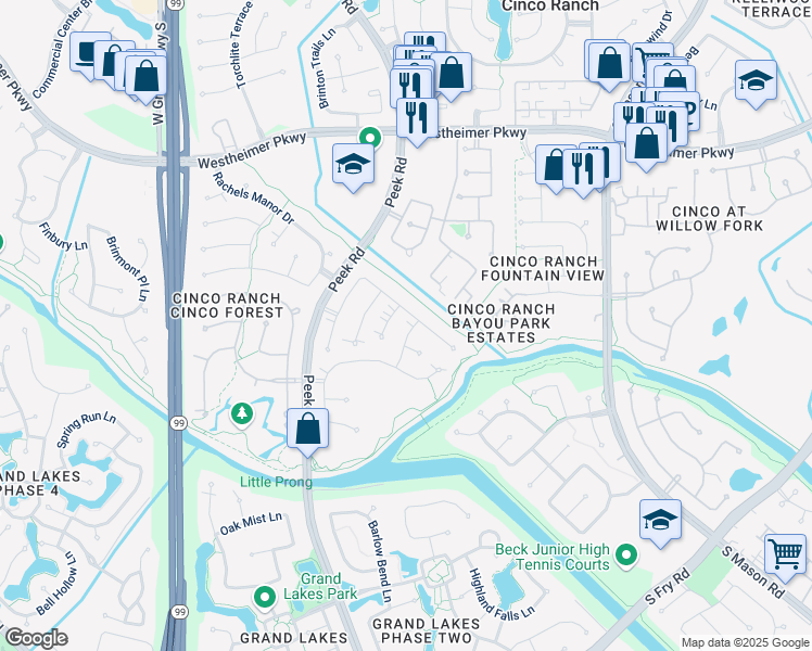 map of restaurants, bars, coffee shops, grocery stores, and more near 22606 Westbrook Cinco Lane in Katy