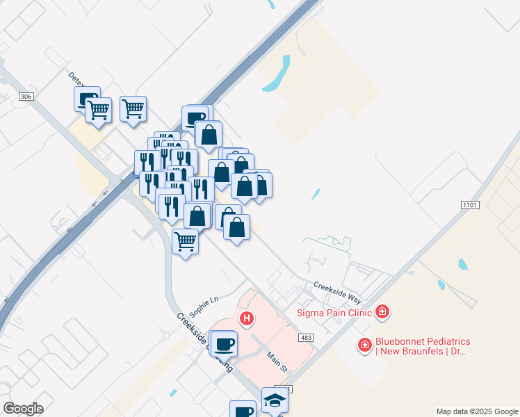 map of restaurants, bars, coffee shops, grocery stores, and more near 349 Creekside Way in New Braunfels