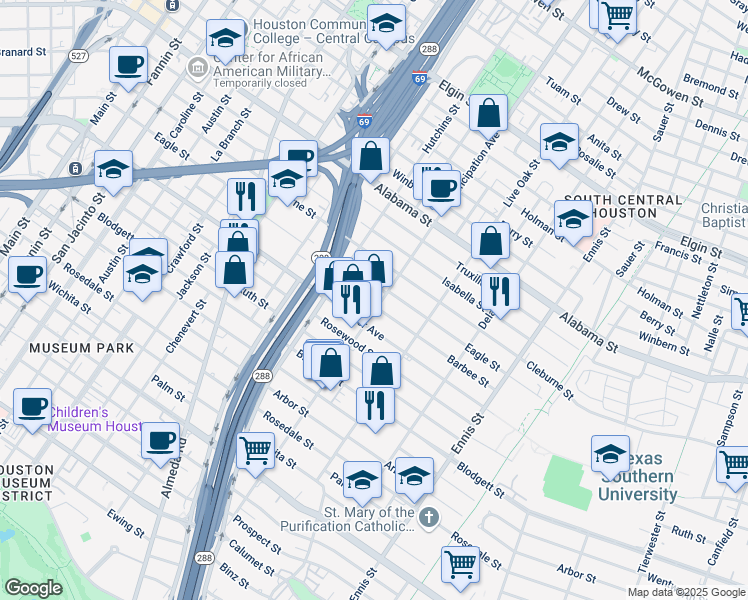 map of restaurants, bars, coffee shops, grocery stores, and more near 4108 Emancipation Avenue in Houston