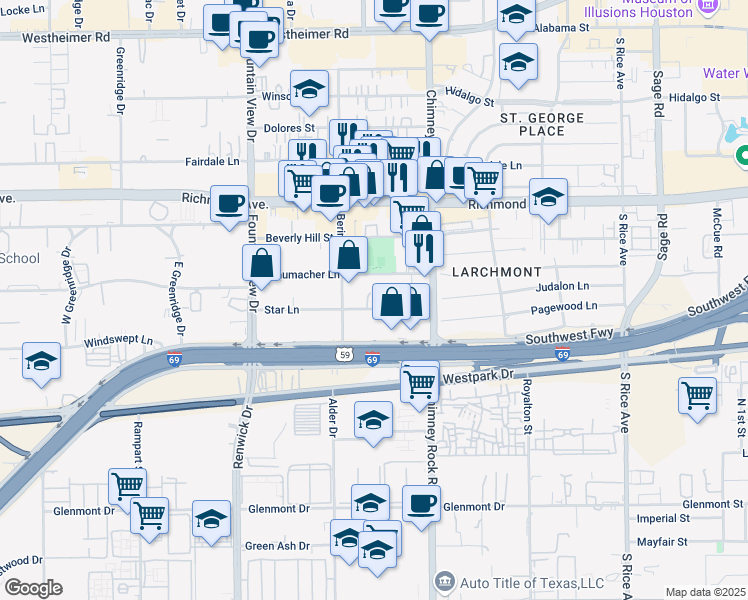 map of restaurants, bars, coffee shops, grocery stores, and more near 5709 Schumacher Lane in Houston