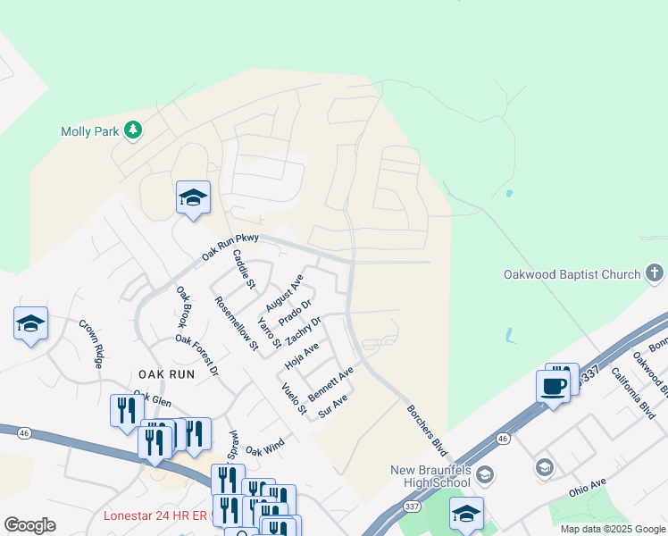 map of restaurants, bars, coffee shops, grocery stores, and more near 414 Juana Way in New Braunfels