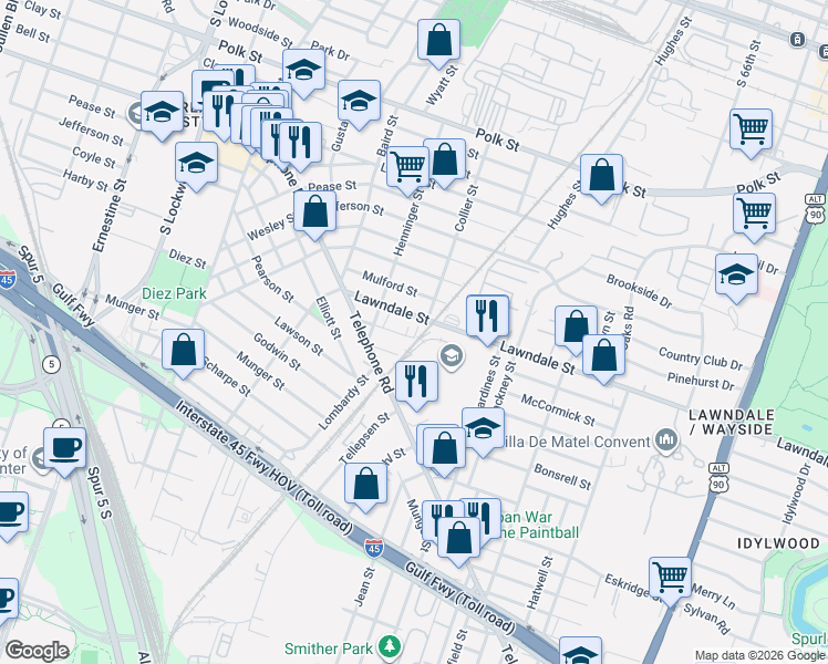 map of restaurants, bars, coffee shops, grocery stores, and more near 5237 Lawndale Street in Houston