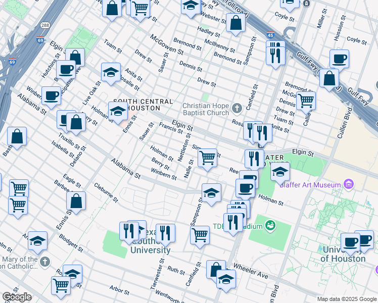 map of restaurants, bars, coffee shops, grocery stores, and more near 3278 Simmons Street in Houston