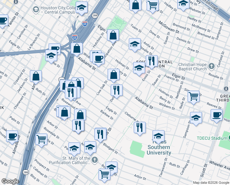 map of restaurants, bars, coffee shops, grocery stores, and more near 2707 Truxillo Street in Houston