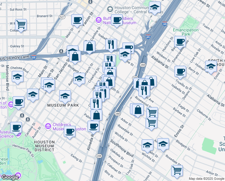 map of restaurants, bars, coffee shops, grocery stores, and more near 1909 Ruth Street in Houston
