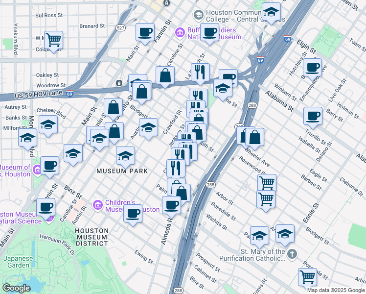 map of restaurants, bars, coffee shops, grocery stores, and more near 1721 Blodgett Street in Houston