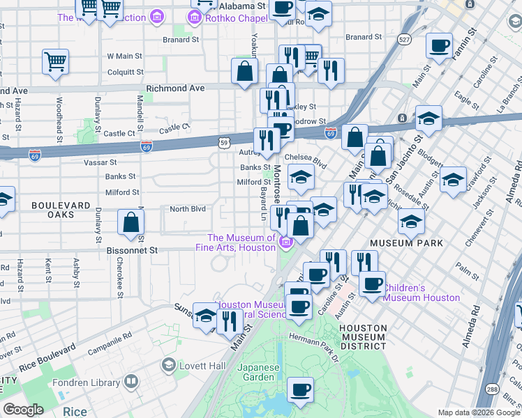 map of restaurants, bars, coffee shops, grocery stores, and more near 1013 Barkdull Street in Houston