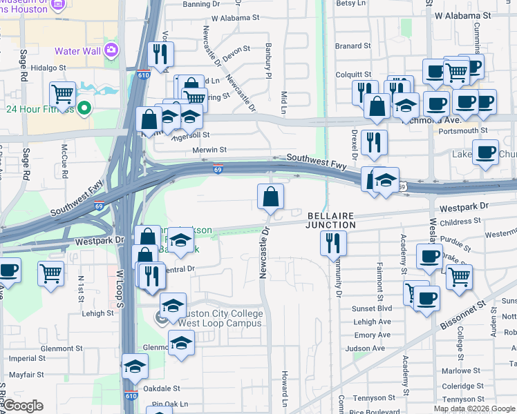 map of restaurants, bars, coffee shops, grocery stores, and more near 4641 Wild Indigo Street in Houston