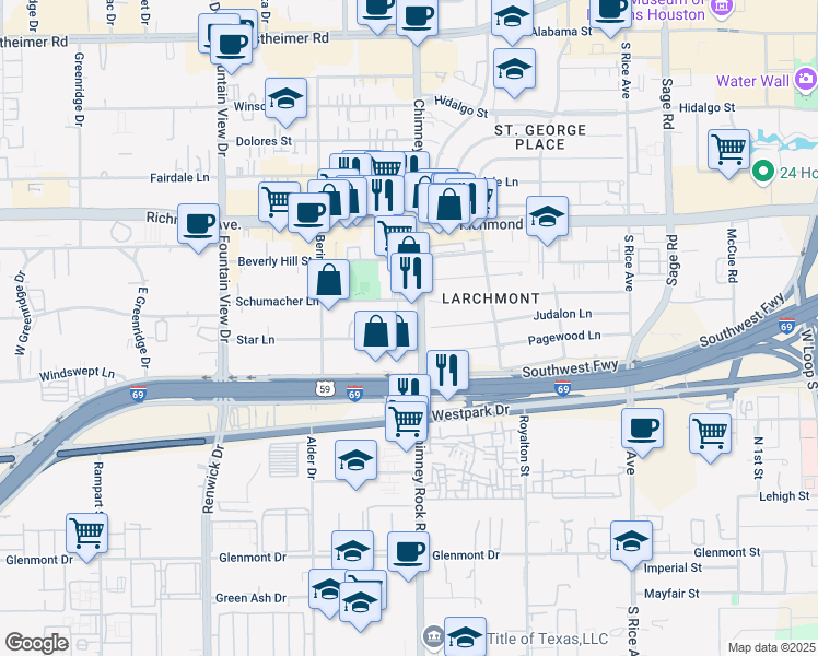 map of restaurants, bars, coffee shops, grocery stores, and more near 3402 Chimney Rock Road in Houston
