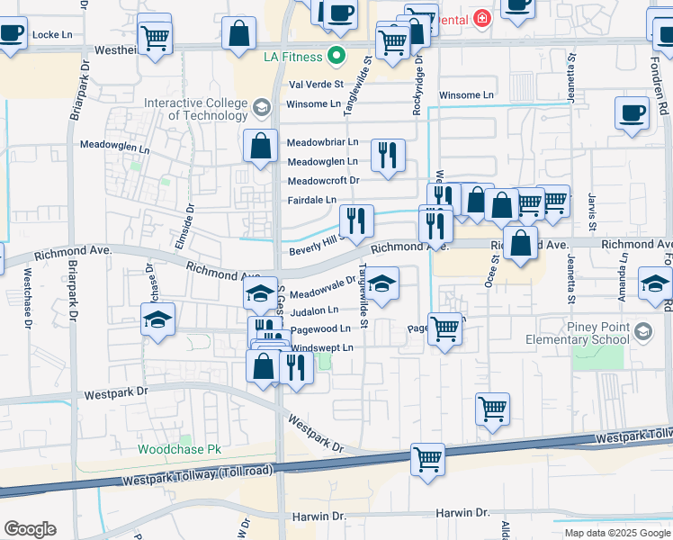 map of restaurants, bars, coffee shops, grocery stores, and more near 9618 Richmond Avenue in Houston