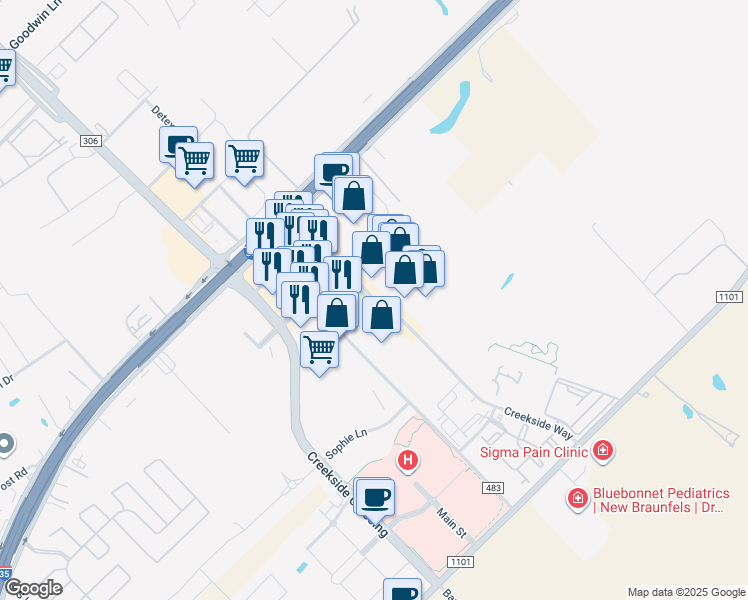 map of restaurants, bars, coffee shops, grocery stores, and more near 161 Creekside Way in New Braunfels