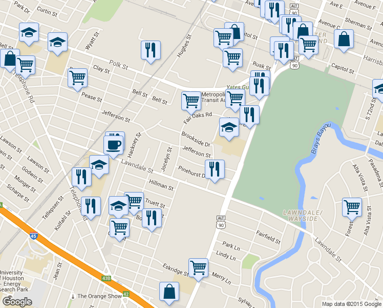map of restaurants, bars, coffee shops, grocery stores, and more near 6418 Jefferson Street in Houston