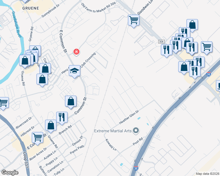 map of restaurants, bars, coffee shops, grocery stores, and more near 532 Mallow Drive in New Braunfels