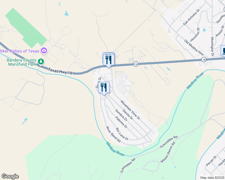 map of restaurants, bars, coffee shops, grocery stores, and more near 267 River Bend Drive in Bandera