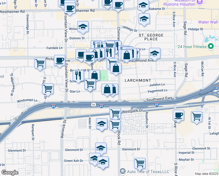 map of restaurants, bars, coffee shops, grocery stores, and more near 5625 Schumacher Lane in Houston
