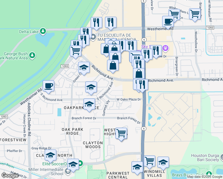map of restaurants, bars, coffee shops, grocery stores, and more near 14750 Loxley Meadows Drive in Houston