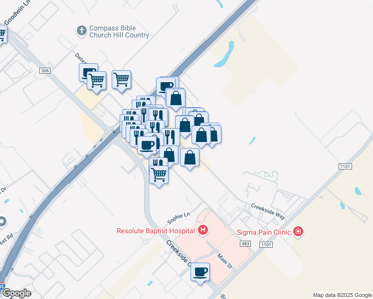 map of restaurants, bars, coffee shops, grocery stores, and more near 625 Creekside Way in New Braunfels