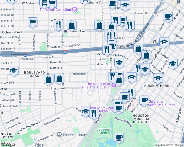 map of restaurants, bars, coffee shops, grocery stores, and more near 1204 Barkdull Street in Houston