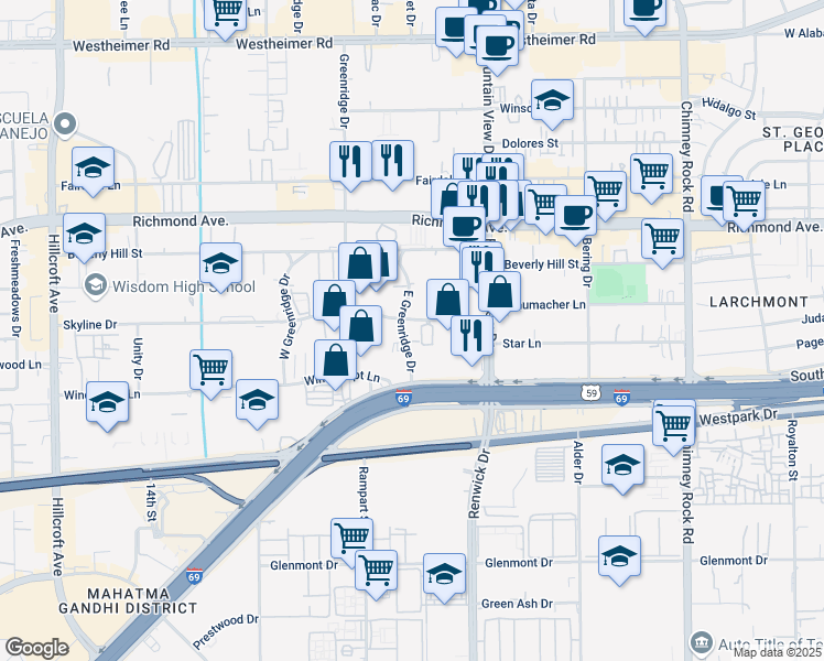 map of restaurants, bars, coffee shops, grocery stores, and more near 6029 Skyline Drive in Houston