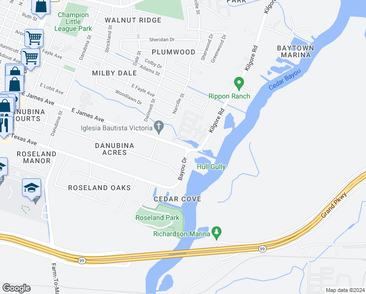 map of restaurants, bars, coffee shops, grocery stores, and more near 2501 East James Avenue in Baytown