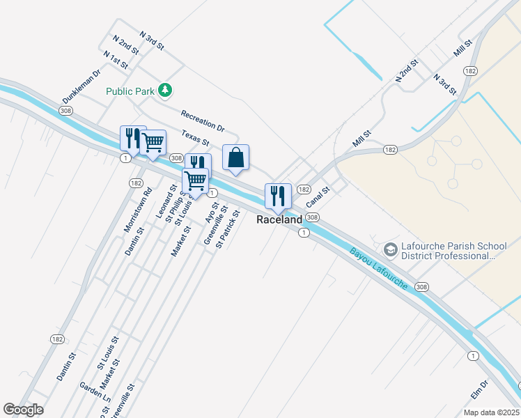 map of restaurants, bars, coffee shops, grocery stores, and more near Highway 308 in Raceland