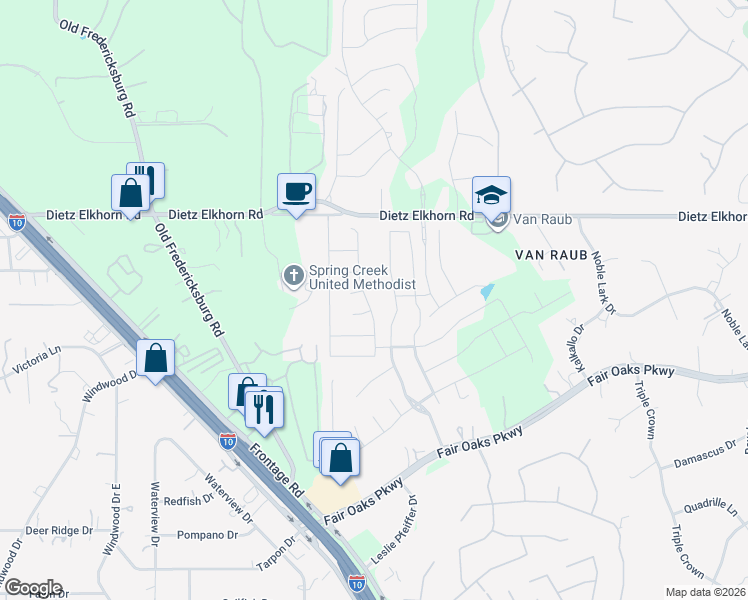 map of restaurants, bars, coffee shops, grocery stores, and more near 28954 Fairs Gate in Fair Oaks Ranch