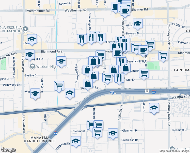 map of restaurants, bars, coffee shops, grocery stores, and more near 6111 Skyline Drive in Houston