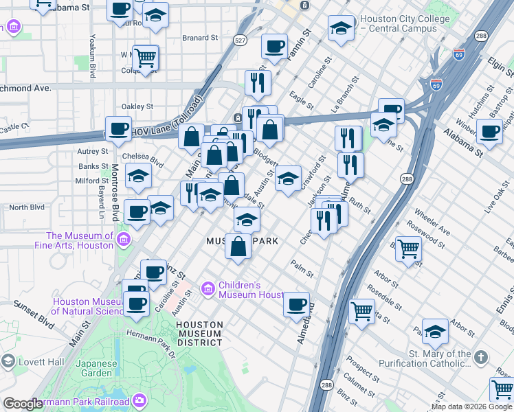 map of restaurants, bars, coffee shops, grocery stores, and more near 4825 Austin Street in Houston