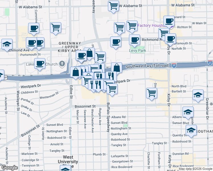 map of restaurants, bars, coffee shops, grocery stores, and more near 5110 Buffalo Speedway in Houston