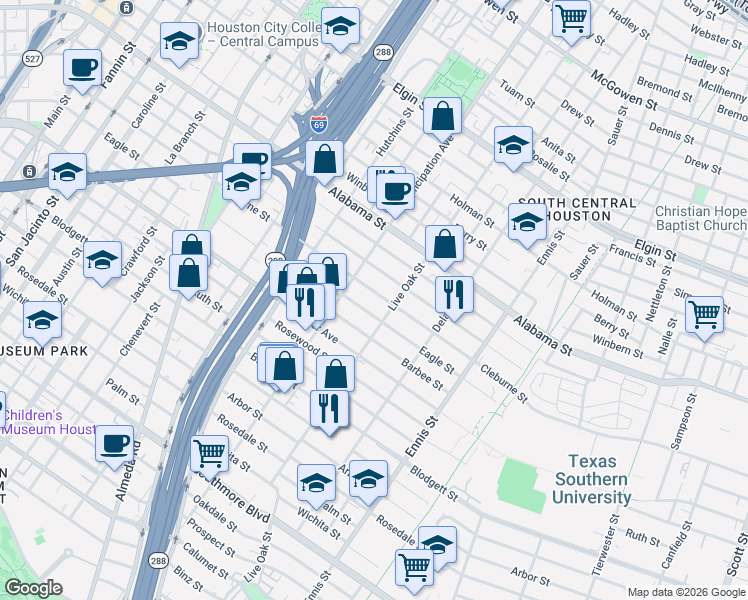 map of restaurants, bars, coffee shops, grocery stores, and more near 2421 Cleburne Street in Houston