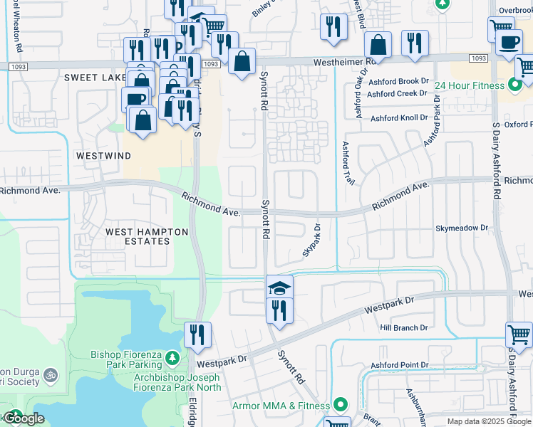 map of restaurants, bars, coffee shops, grocery stores, and more near Richmond Ave & Synott Rd in Houston