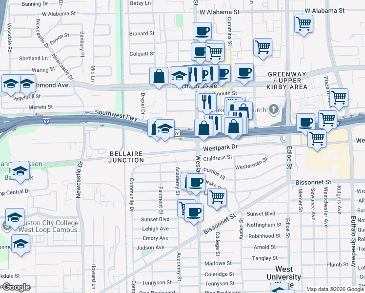 map of restaurants, bars, coffee shops, grocery stores, and more near 4015 Southwest Freeway Service Road in Houston