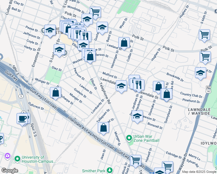 map of restaurants, bars, coffee shops, grocery stores, and more near 5201 Hillman Street in Houston