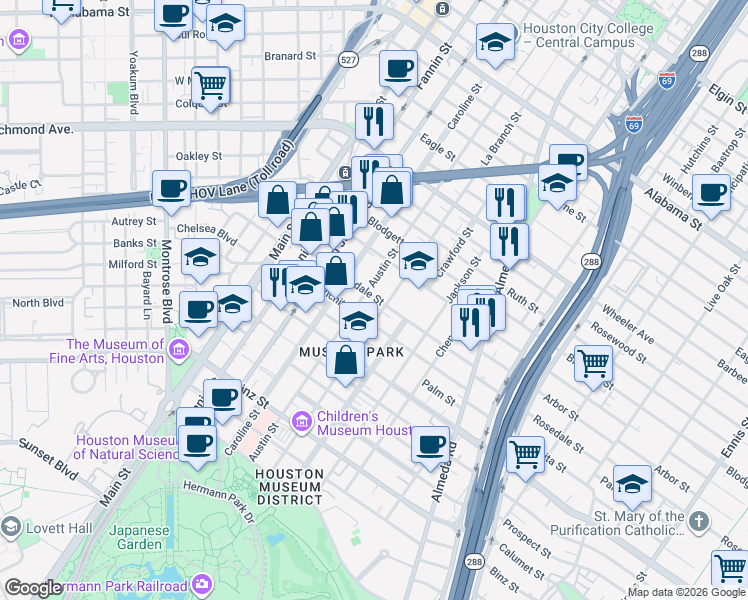 map of restaurants, bars, coffee shops, grocery stores, and more near 4825 Austin Street in Houston