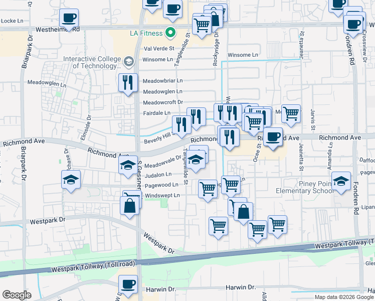 map of restaurants, bars, coffee shops, grocery stores, and more near 9543 Richmond Avenue in Houston