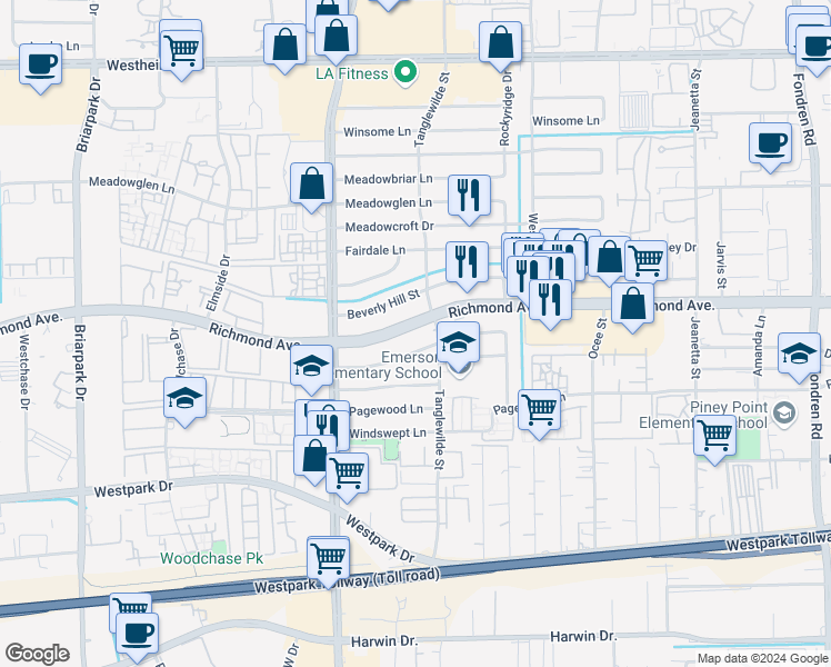 map of restaurants, bars, coffee shops, grocery stores, and more near 9618 Richmond Avenue in Houston
