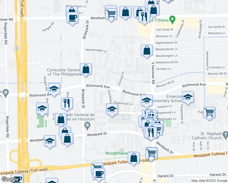 map of restaurants, bars, coffee shops, grocery stores, and more near 9900 Elmside Drive in Houston