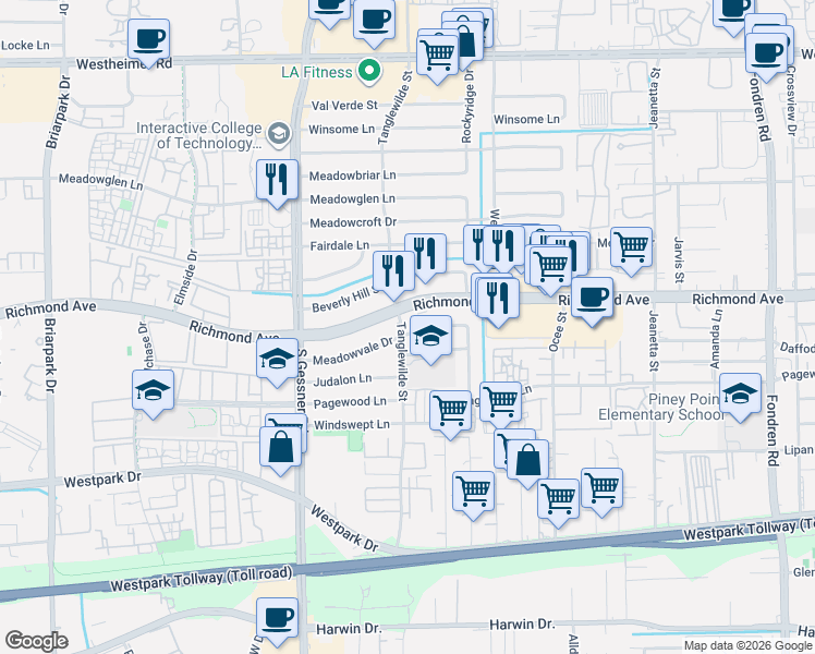map of restaurants, bars, coffee shops, grocery stores, and more near 9543 Richmond Avenue in Houston