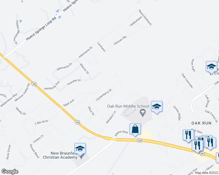 map of restaurants, bars, coffee shops, grocery stores, and more near 413 Canterberry Drive in New Braunfels