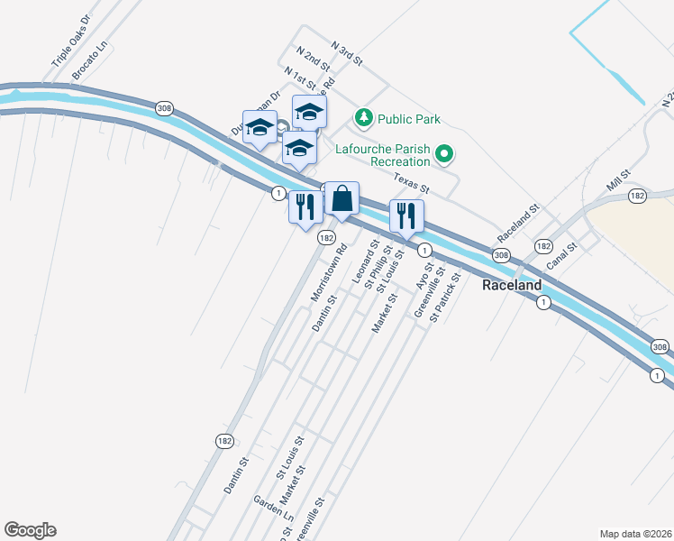 map of restaurants, bars, coffee shops, grocery stores, and more near 101-129 Morristown St in Raceland
