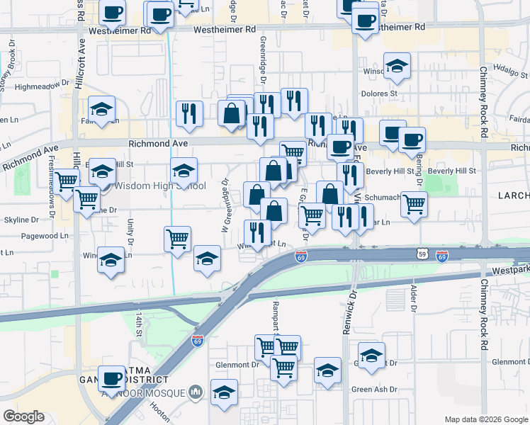 map of restaurants, bars, coffee shops, grocery stores, and more near 6123 Skyline Drive in Houston