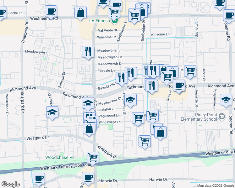 map of restaurants, bars, coffee shops, grocery stores, and more near 9618 Richmond Avenue in Houston