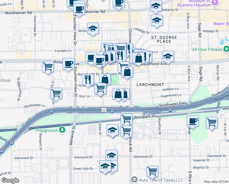 map of restaurants, bars, coffee shops, grocery stores, and more near 5625 Schumacher Lane in Houston