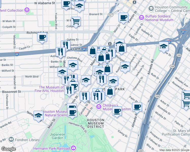 map of restaurants, bars, coffee shops, grocery stores, and more near 5115 Main street in Houston